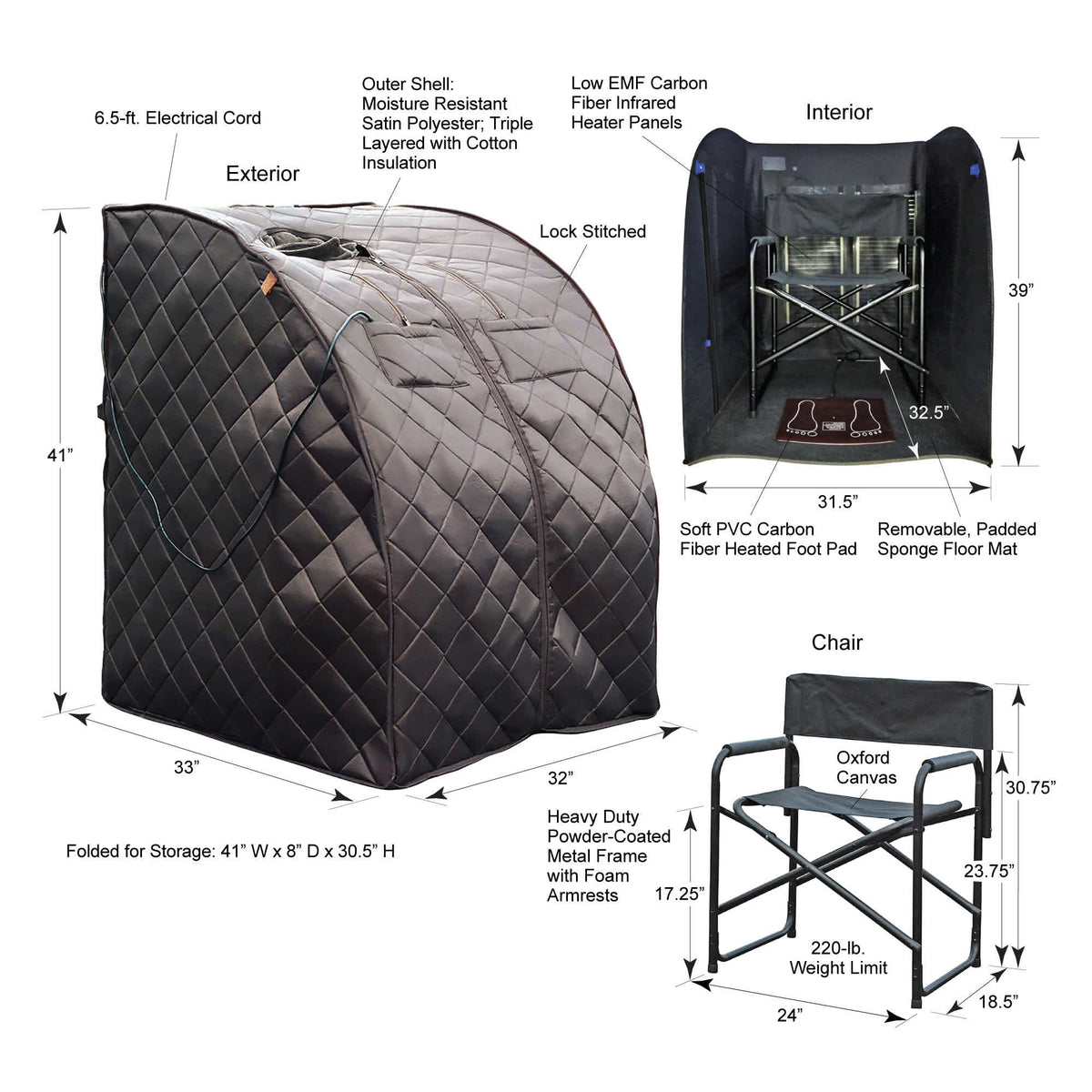 HeatWave Harmony Portable Sauna - 41 x 33 x 32 in; folds to 41 x 8 x 30.5 in, chair rated 220 lb