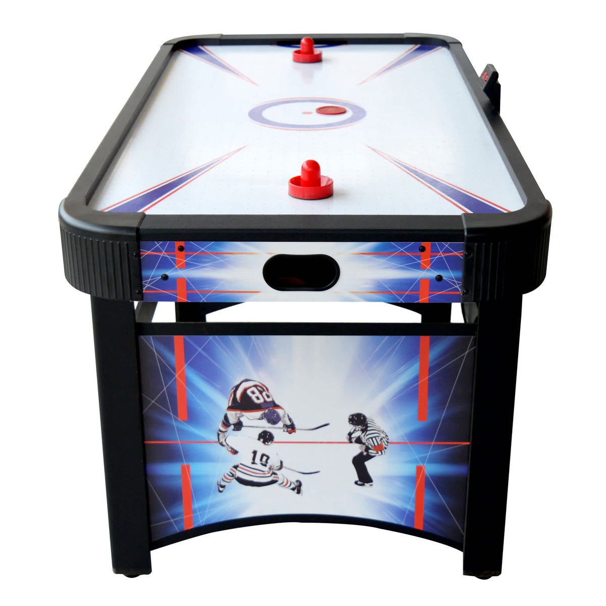 Hathaway Patriot Air Hockey Table - end-on view showing the goal slot and printed side graphic