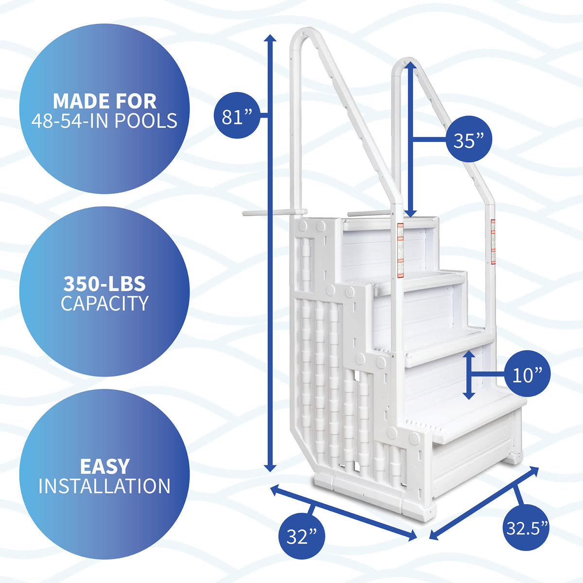 Blue Wave Easy Pool Step - dimensions 81 in high, 35 in handrail width, 32 x 32.5 in base, 10 in rise