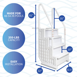 Blue Wave Easy Pool Step - dimensions 81 in high, 35 in handrail width, 32 x 32.5 in base, 10 in rise