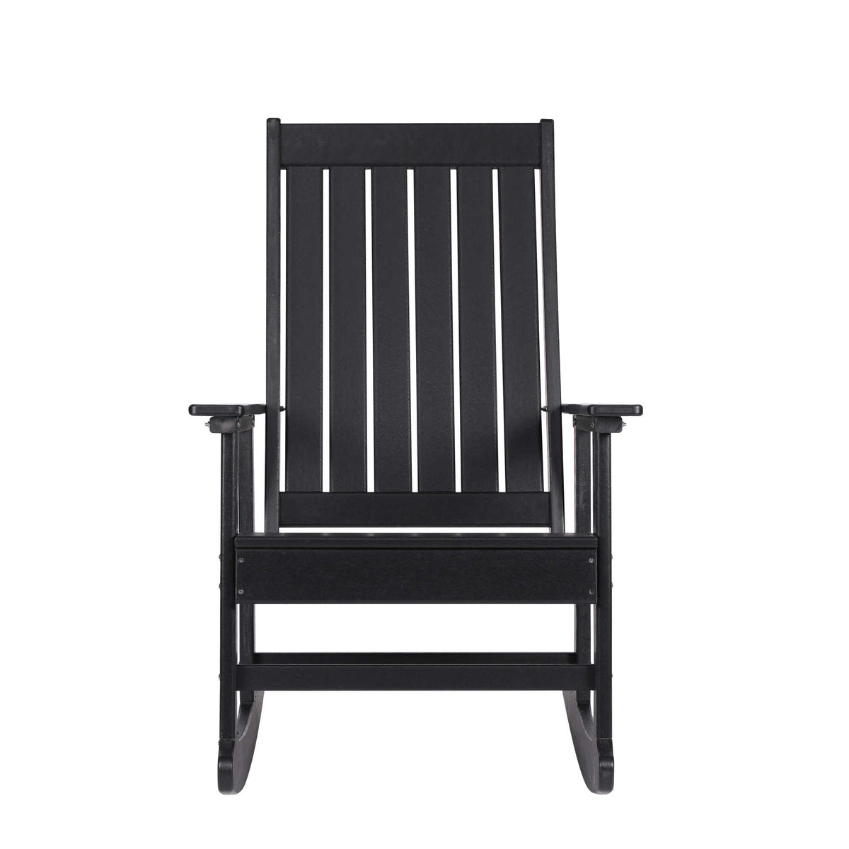 Island Retreat Adirondack Rocker, black - front elevation showing the slatted back and rockers
