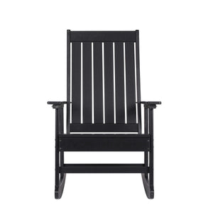 Island Retreat Adirondack Rocker, black - front elevation showing the slatted back and rockers