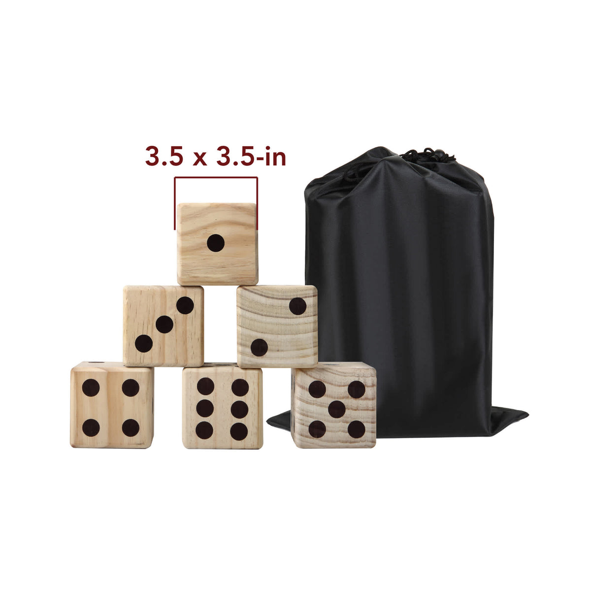 Hathaway High Roller Yard Dice - six 3.5 x 3.5-in wooden dice with the nylon storage bag