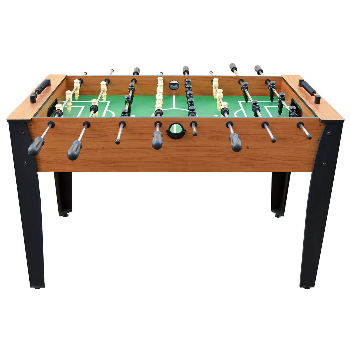 Hathaway Hurricane Foosball Table - front elevation showing the light cherry cabinet and ball return