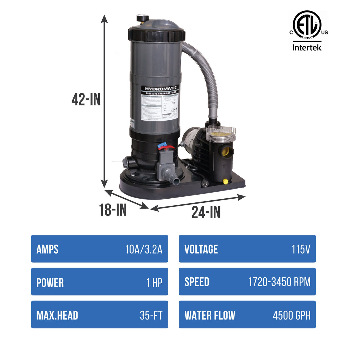 Blue Wave Hydromatic Cartridge Filter System for Above Ground Pools Pool Pump &amp; Filter — dimension and specification diagram