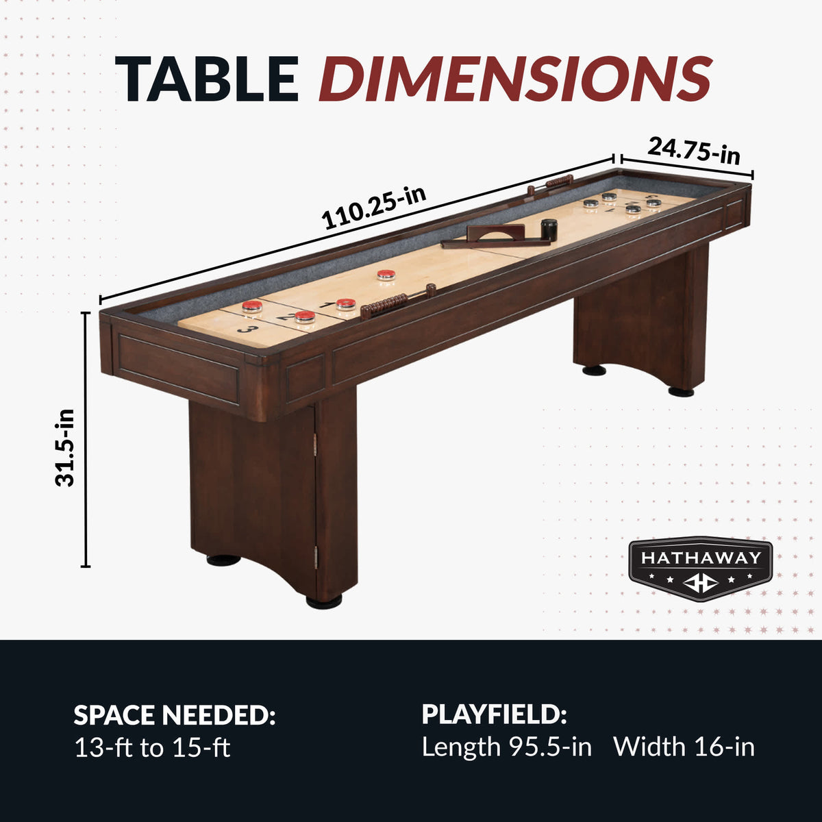 Hathaway Austin 9-ft Shuffleboard Table - Mahogany Finish Game Room Table — dimension and specification diagram