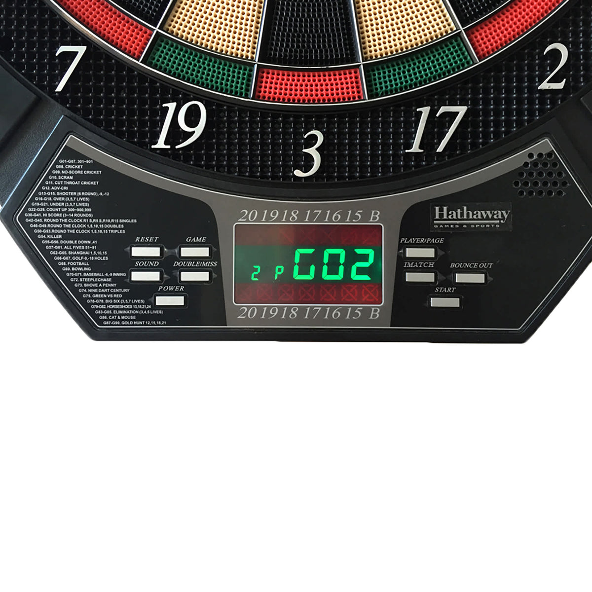 Hathaway Magnum Electronic Dartboard - control panel with game list, LED display and function buttons