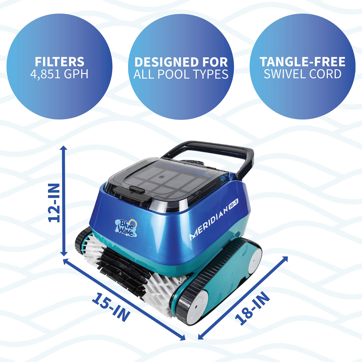 Blue Wave Meridian IG-5 Robotic Cleaner - 18 x 15 x 12 in; filters 4,851 GPH, tangle-free swivel cord