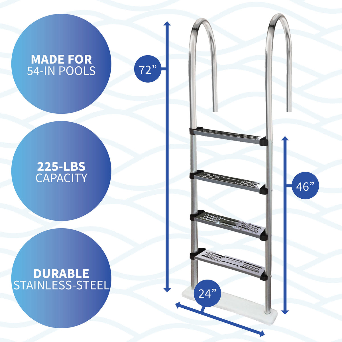 Blue Wave Premium Stainless Steel In-Pool Ladder - 72 in high, 46 in tread drop, 24 in base, 54-in pools