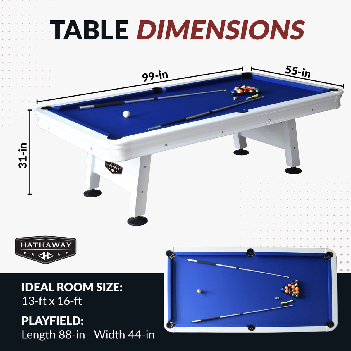 Hathaway Alpine 8-ft Outdoor Pool Table - White with Blue Felt Game Room Table — dimension and specification diagram