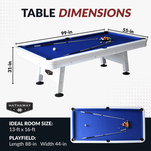 Hathaway Alpine 8-ft Outdoor Pool Table - White with Blue Felt Game Room Table — dimension and specification diagram