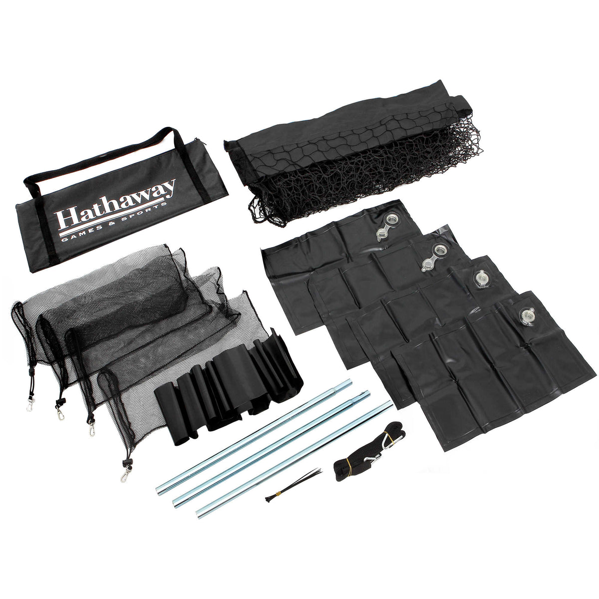 Hathaway Rebounder Basketball Return - all parts laid out: net, poles, anchor bags, straps and bag
