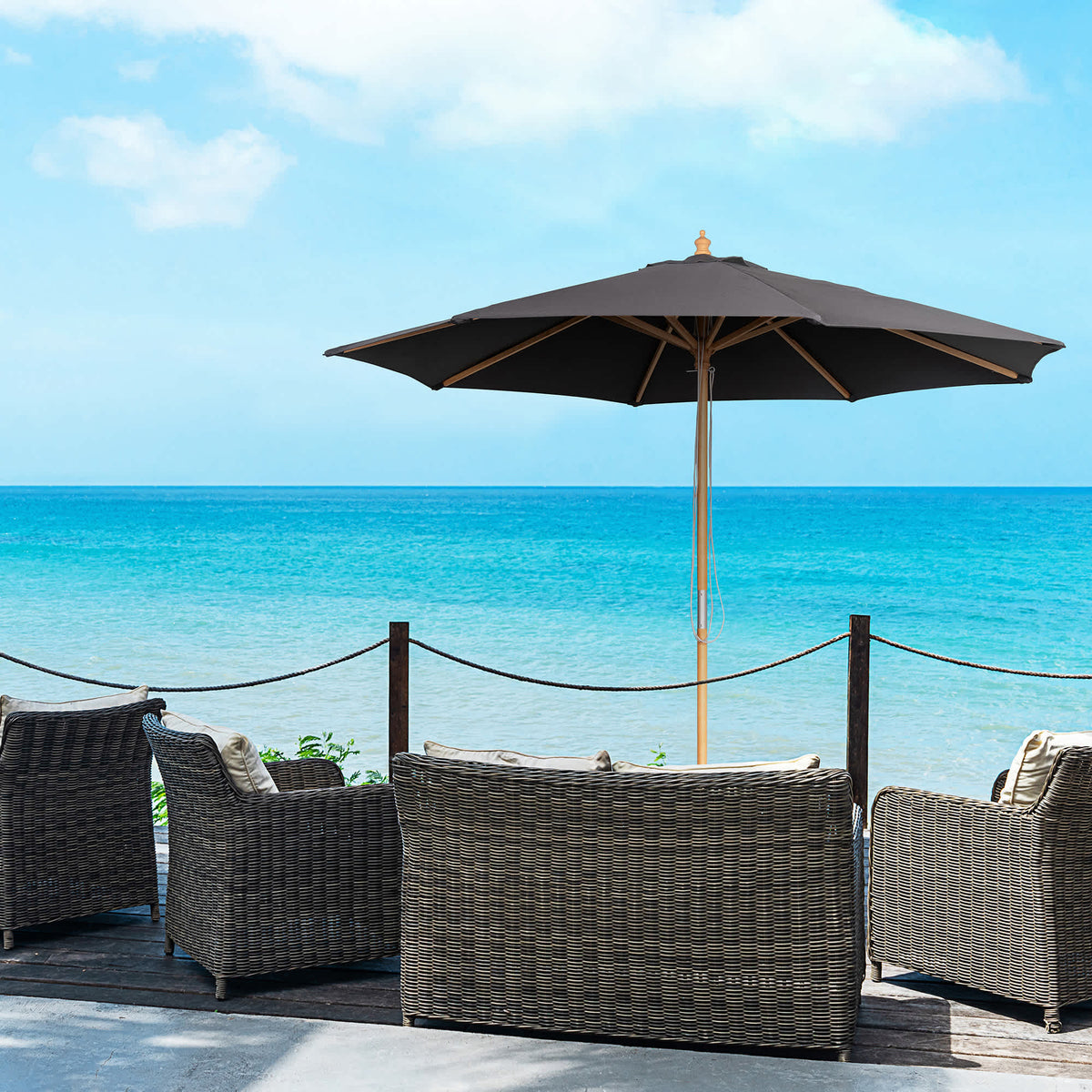 Island Umbrella Cenote Hardwood Market Umbrella - black canopy on a natural hardwood pole