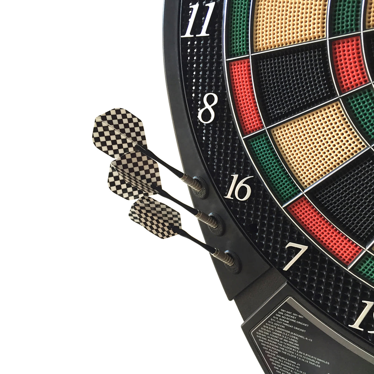 Hathaway Magnum Electronic Dartboard - three chequered-flight darts in the board with the score list below