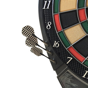 Hathaway Magnum Electronic Dartboard - three chequered-flight darts in the board with the score list below