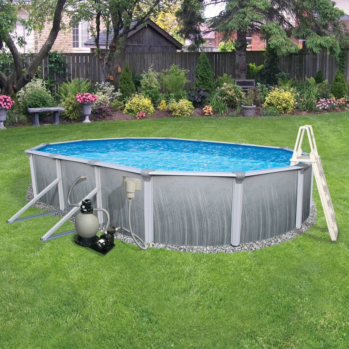 Blue Wave Martinique Oval Above Ground Pool - pool installed on a lawn with sand filter and entry ladder