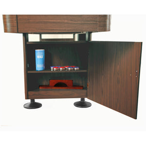 Hathaway Crestline Shuffleboard - cabinet open showing the wax, pucks and sweep block stored inside