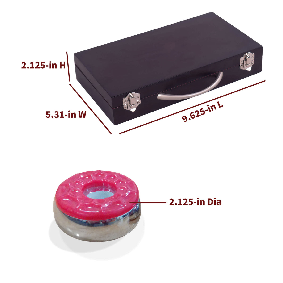 Hathaway Shuffleboard Pucks - case 9.625 x 5.31 x 2.125 in; pucks 2.125 in across
