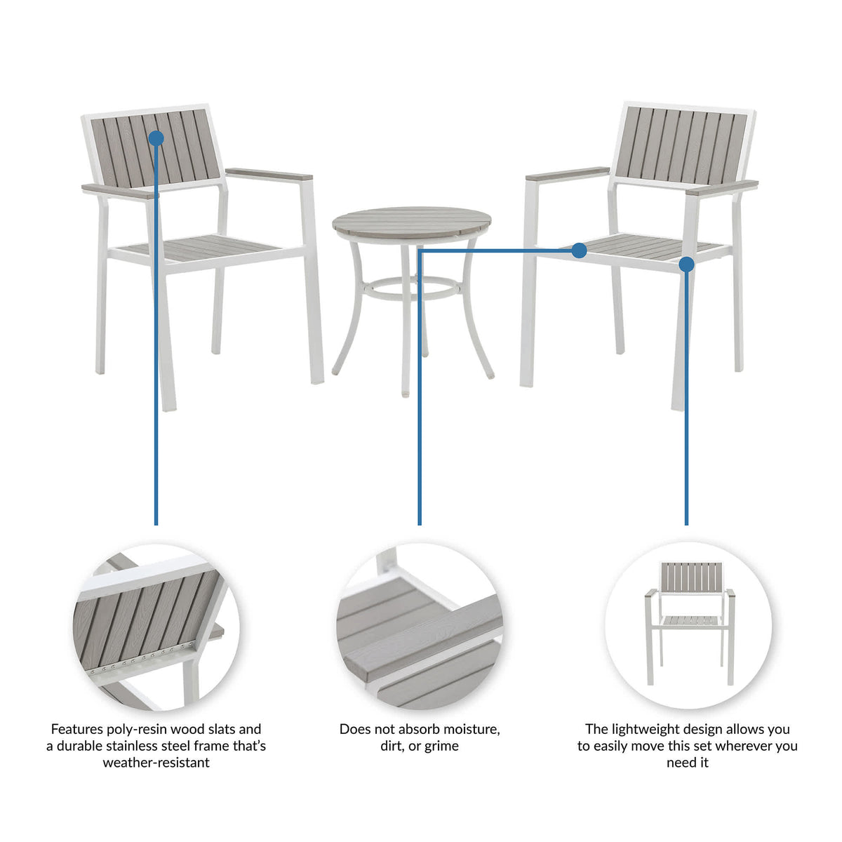 Island Retreat Tek-Wood Patio Set - poly-resin slats on a stainless frame; will not absorb moisture