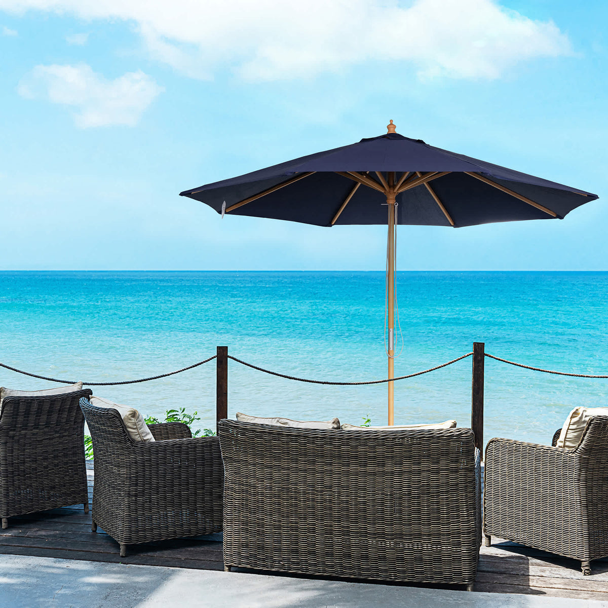 Island Umbrella Cenote Hardwood Market Umbrella - navy canopy on a natural hardwood pole