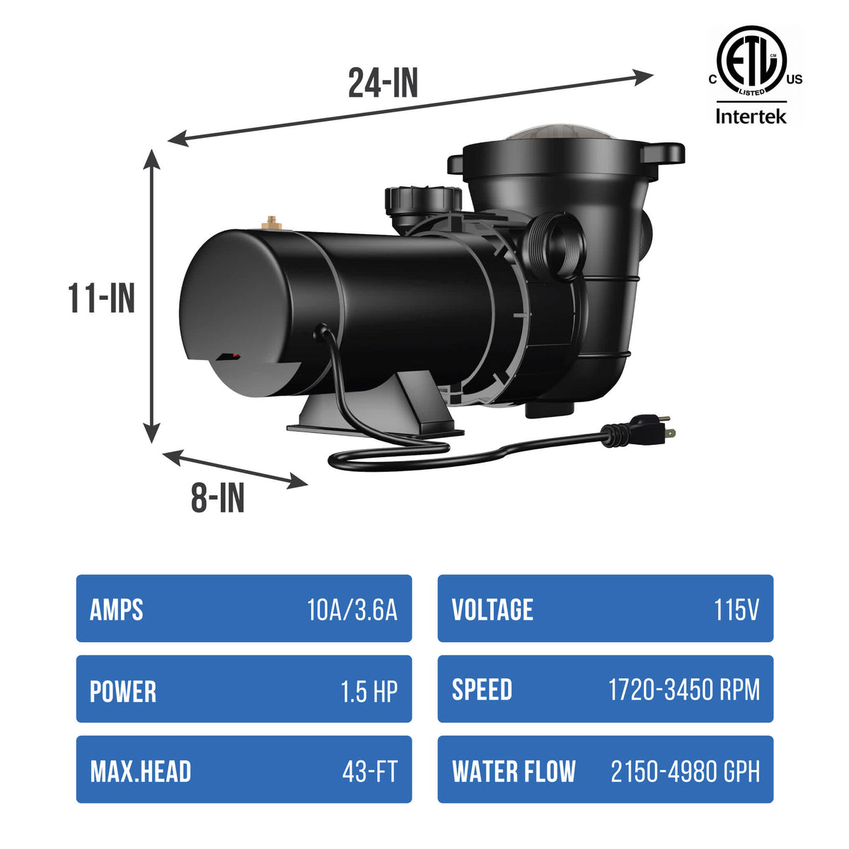 Blue Wave Tidal Wave Maxi II Pool Pump - 24 x 11 x 8 in; 1.5 HP, 115V, 2150-4980 GPH, 43 ft head