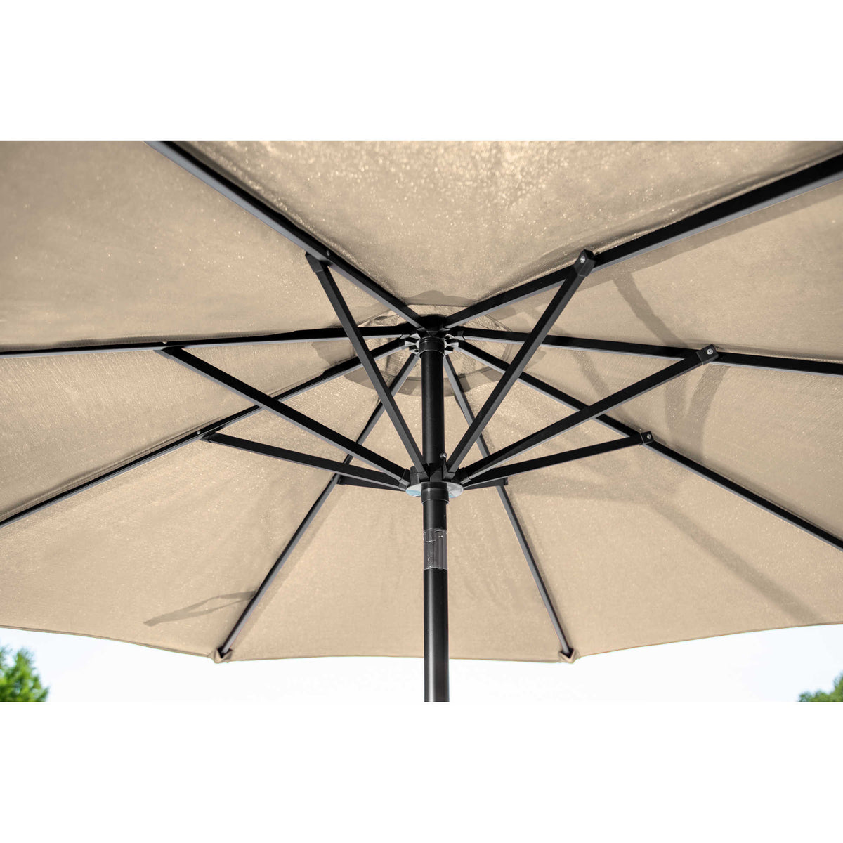 Island Umbrella Mirage Market Umbrella - underside of the stone canopy showing the eight-rib frame