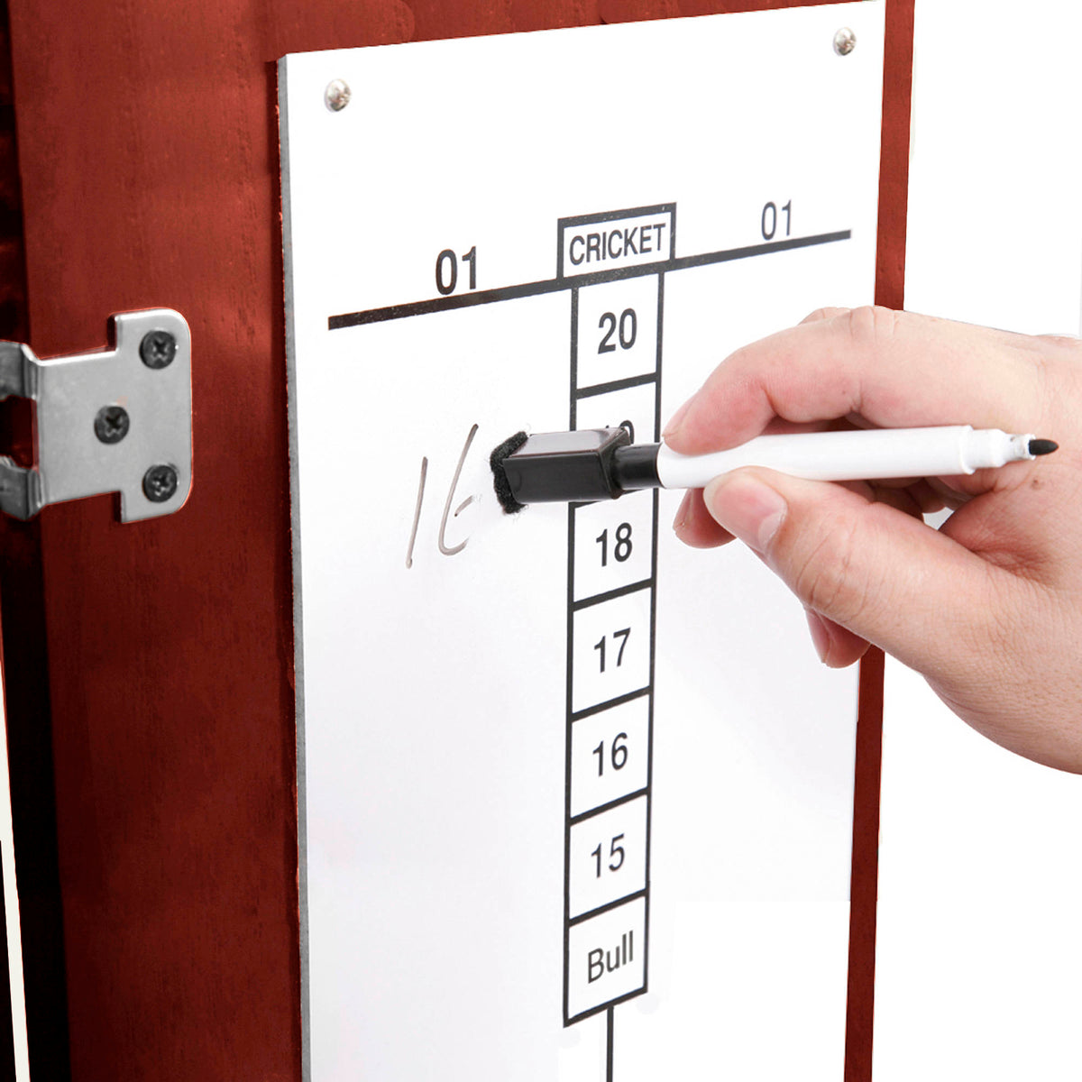 Hathaway Centerpoint Dartboard Cabinet - cricket scoreboard on the door being marked with the pen