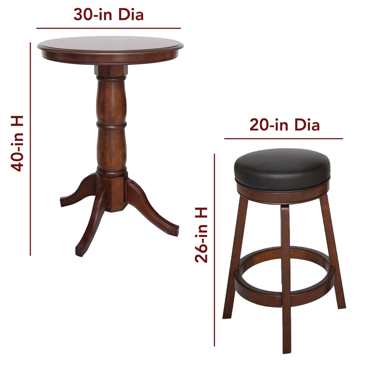 Hathaway Oxford 30-in Hardwood Pub Table with Stools - 3 Piece Set - Walnut Finish Game — dimension and specification diagram