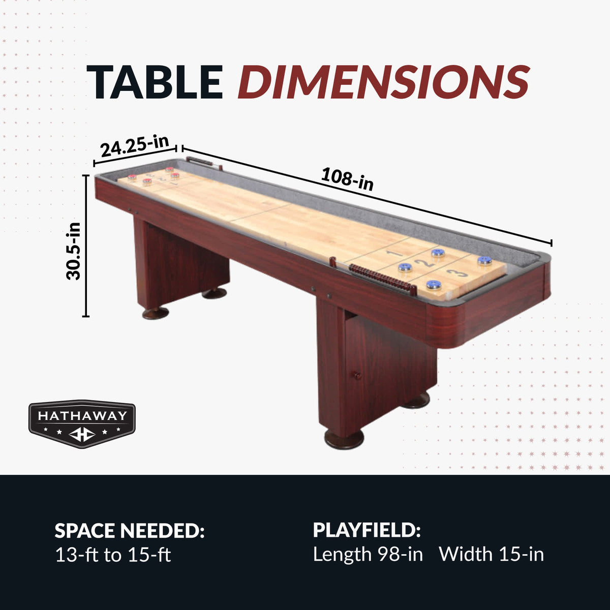 Hathaway Challenger Shuffleboard Table - Dk Cherry Finish Game Room Table — dimension and specification diagram