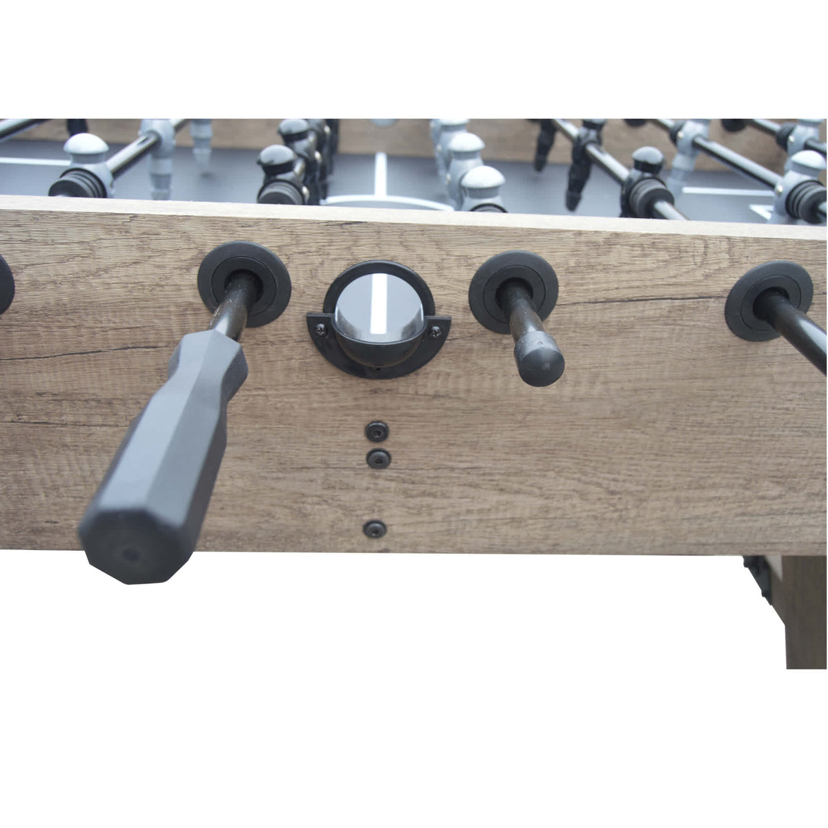 Hathaway Braxton Foosball Table - cabinet rail with octagonal handles and the slide score keeper