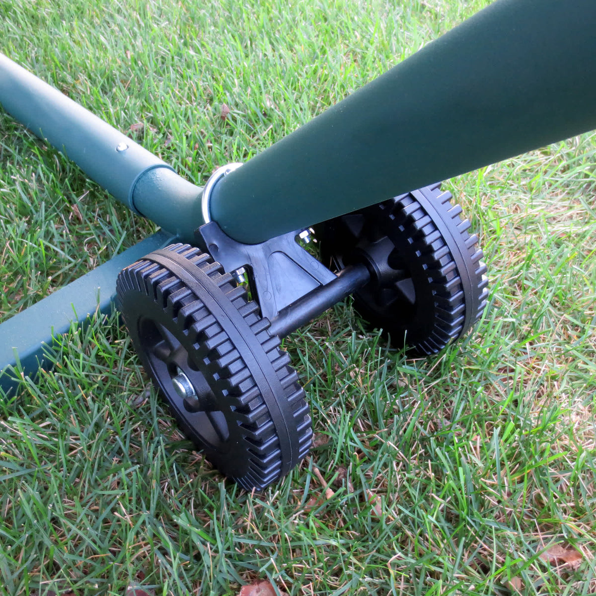 Island Umbrella Hammock Wheel Set - twin wheels fitted to a hammock stand leg on grass
