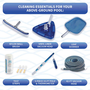 Blue Wave Large Maintenance Kit - labelled contents: wall brush, vacuum head, skimmer, pole, 42-ft hose
