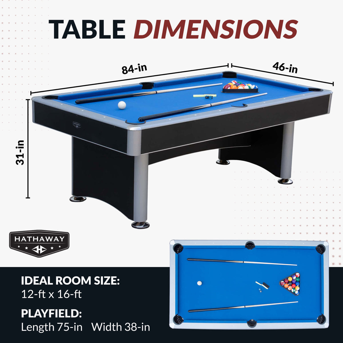 Hathaway Maverick II 7-ft Pool Table with Table Tennis Top - Black with Blue Felt Game — dimension and specification diagram