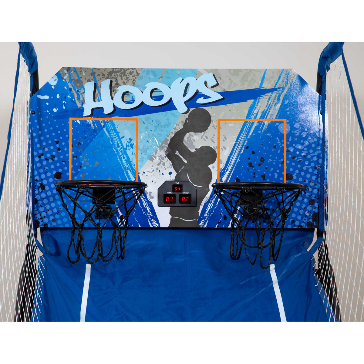 Hathaway Hoops Dual Basketball Arcade - backboard close-up with both rims, nets and the scorer