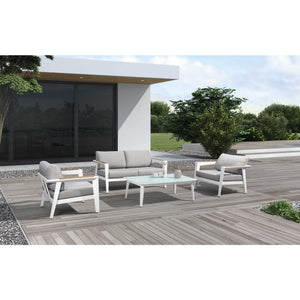 Island Retreat Newport 4-Piece Conversation Set - Gray Patio Furniture & Umbrella — shown in use