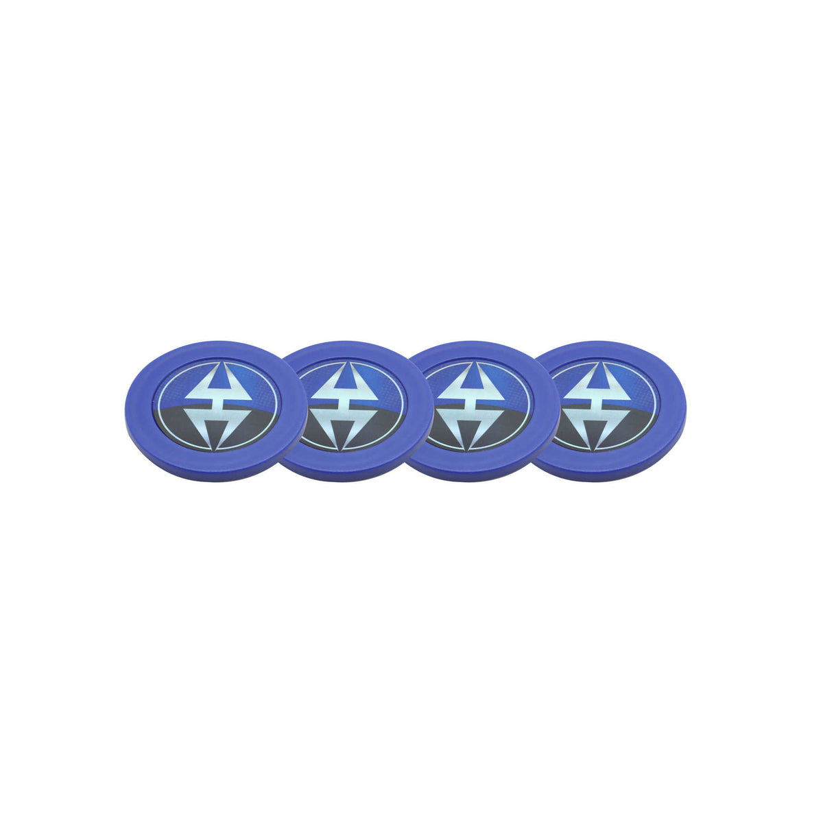 Hathaway Air Hockey Pucks, Blue - the four 2.87-in pucks lined up showing the printed crest