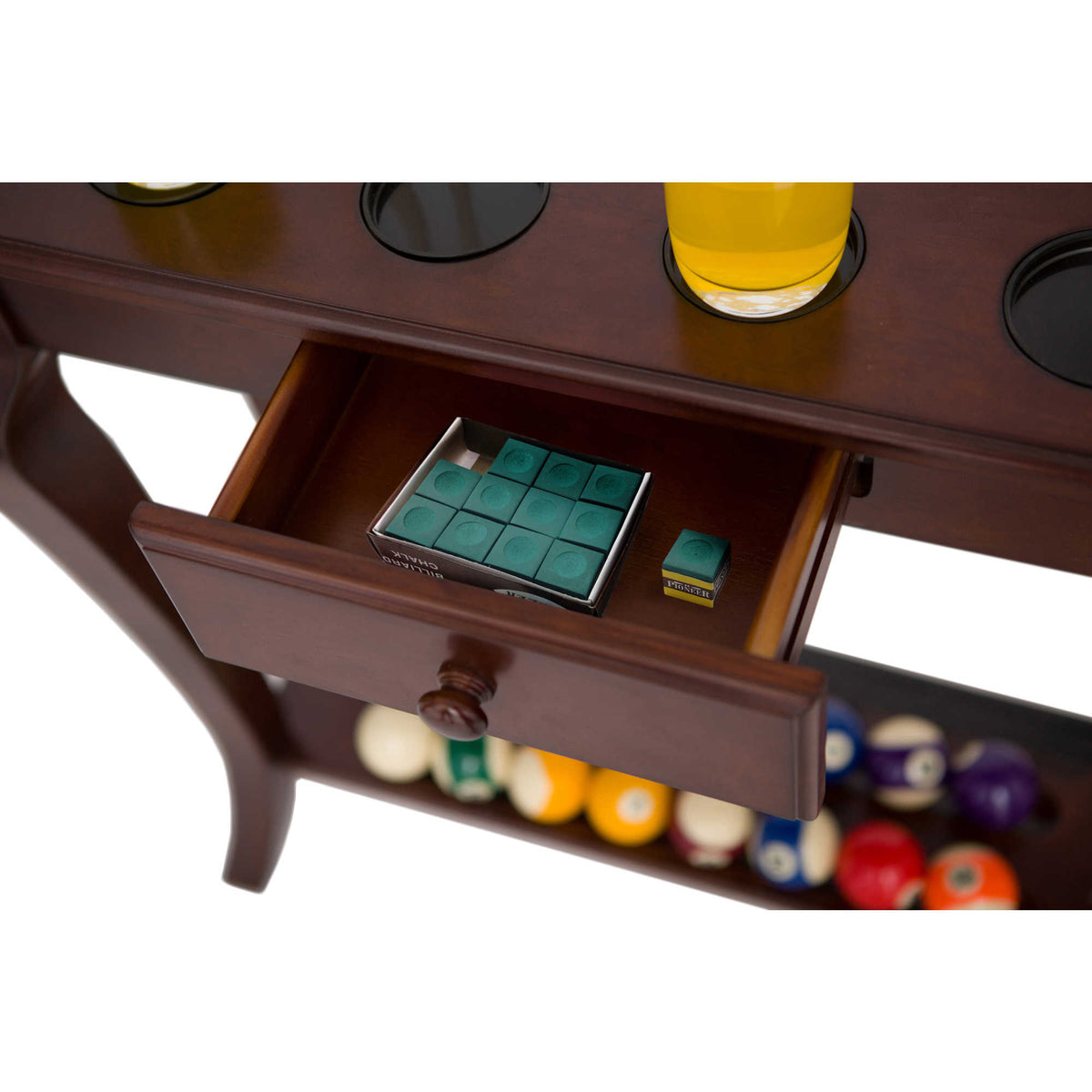 Hathaway Deluxe Floor Cue Rack, Walnut - open drawer with chalk box and the ball shelf below