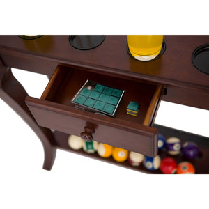 Hathaway Deluxe Floor Cue Rack, Walnut - open drawer with chalk box and the ball shelf below