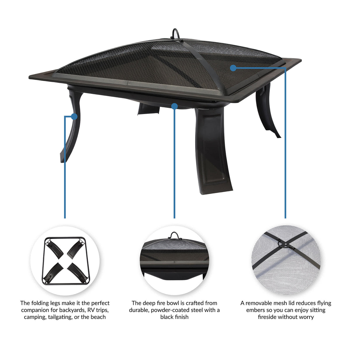 Island Retreat Riverside Fire Pit - folding legs, deep powder-coated bowl and removable mesh lid