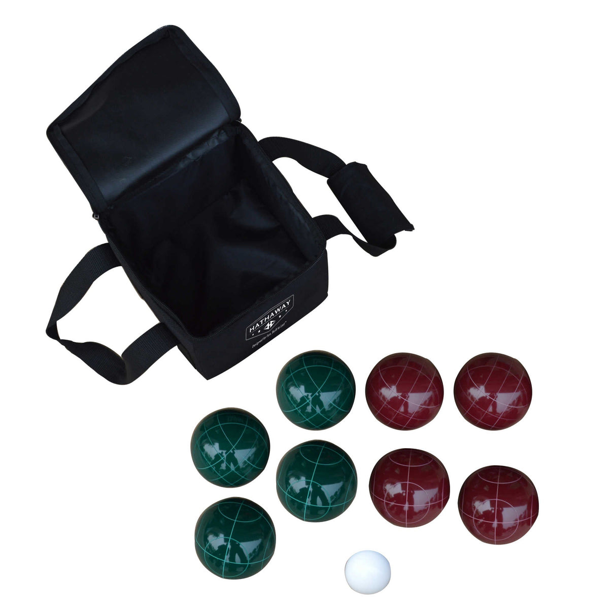 Hathaway Bocce Ball Set - case open with all eight balls and the pallino laid out