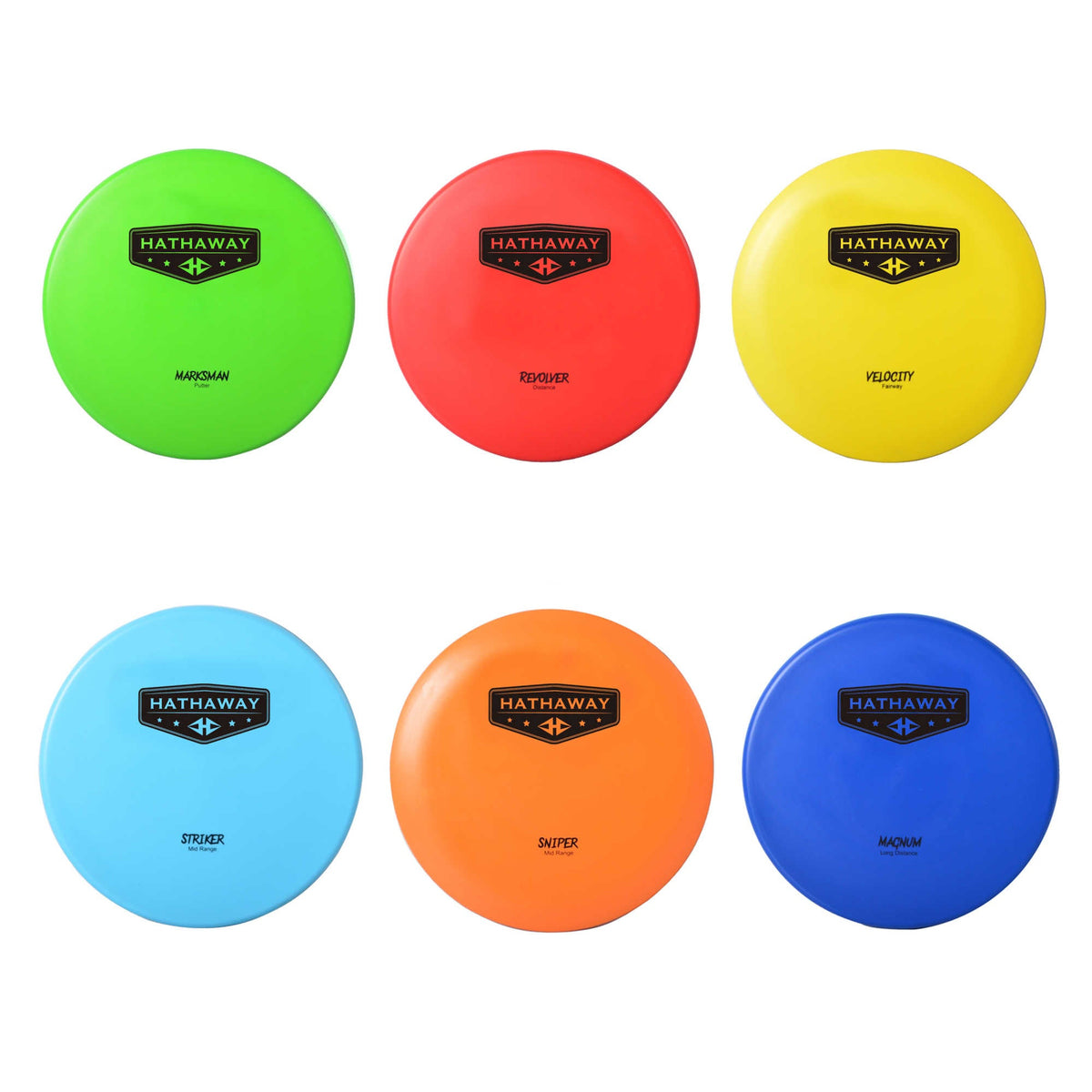 Hathaway Deluxe Golf Disc Set - all six discs laid out: Marksman, Revolver, Velocity, Striker, Sniper, Magnum