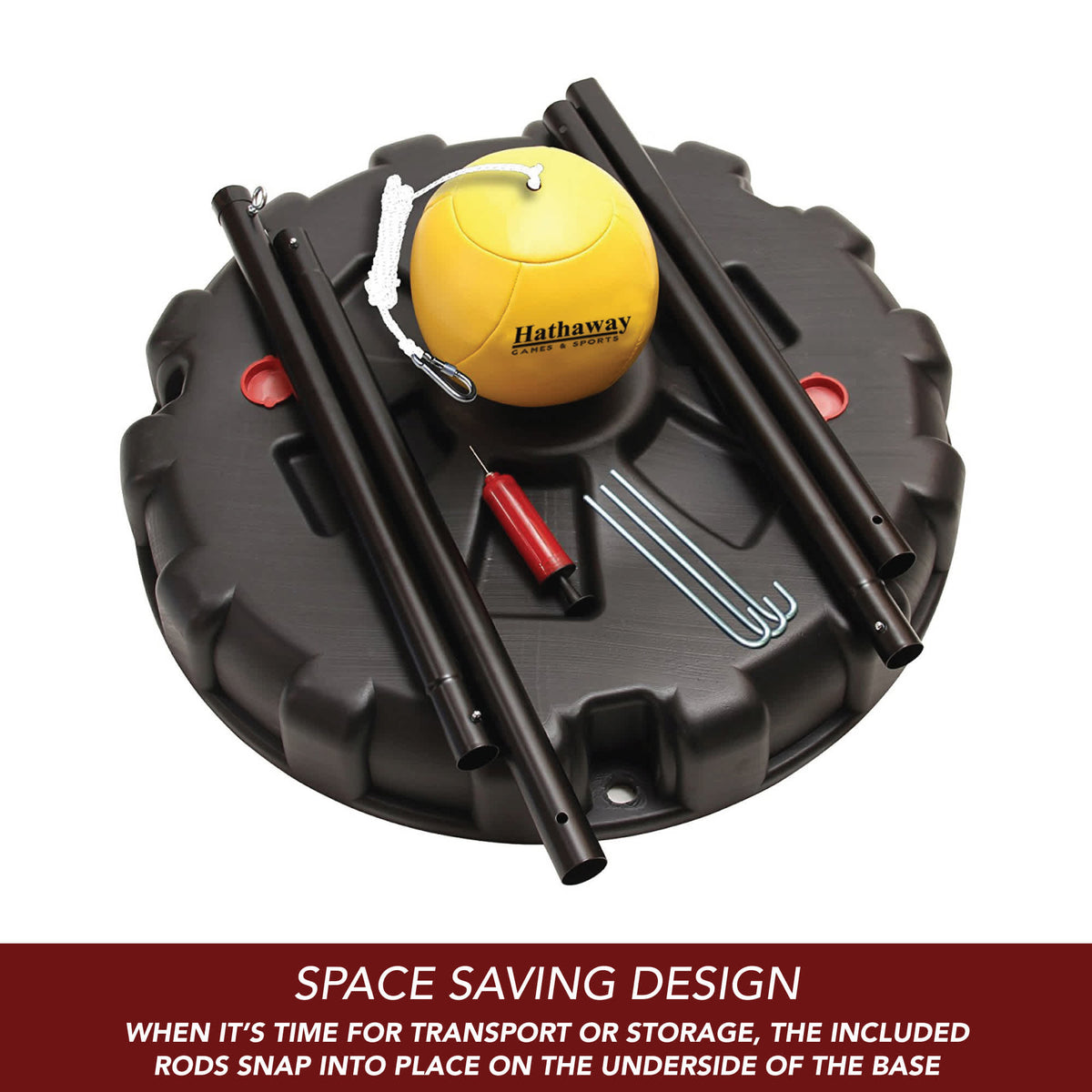 Hathaway Tetherball Set - pole sections, ball, pump and pegs stowed on the underside of the base