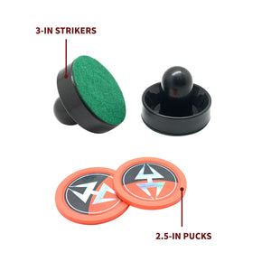Hathaway Air Hockey Set, Black and Orange - 3-in strikers and 2.5-in pucks, sizes called out