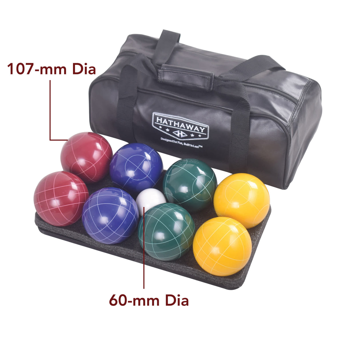 Hathaway Deluxe Bocce Set - eight 107-mm balls and a 60-mm pallino with the leatherette case