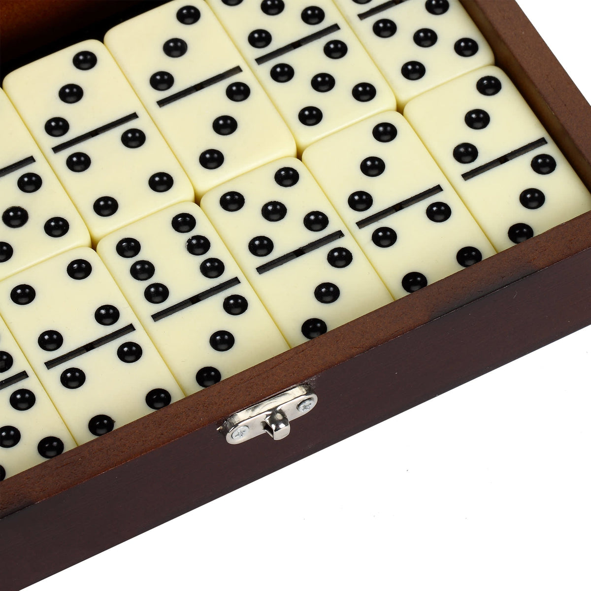 Hathaway Premium Domino Set - close-up of the tiles seated in the wooden case