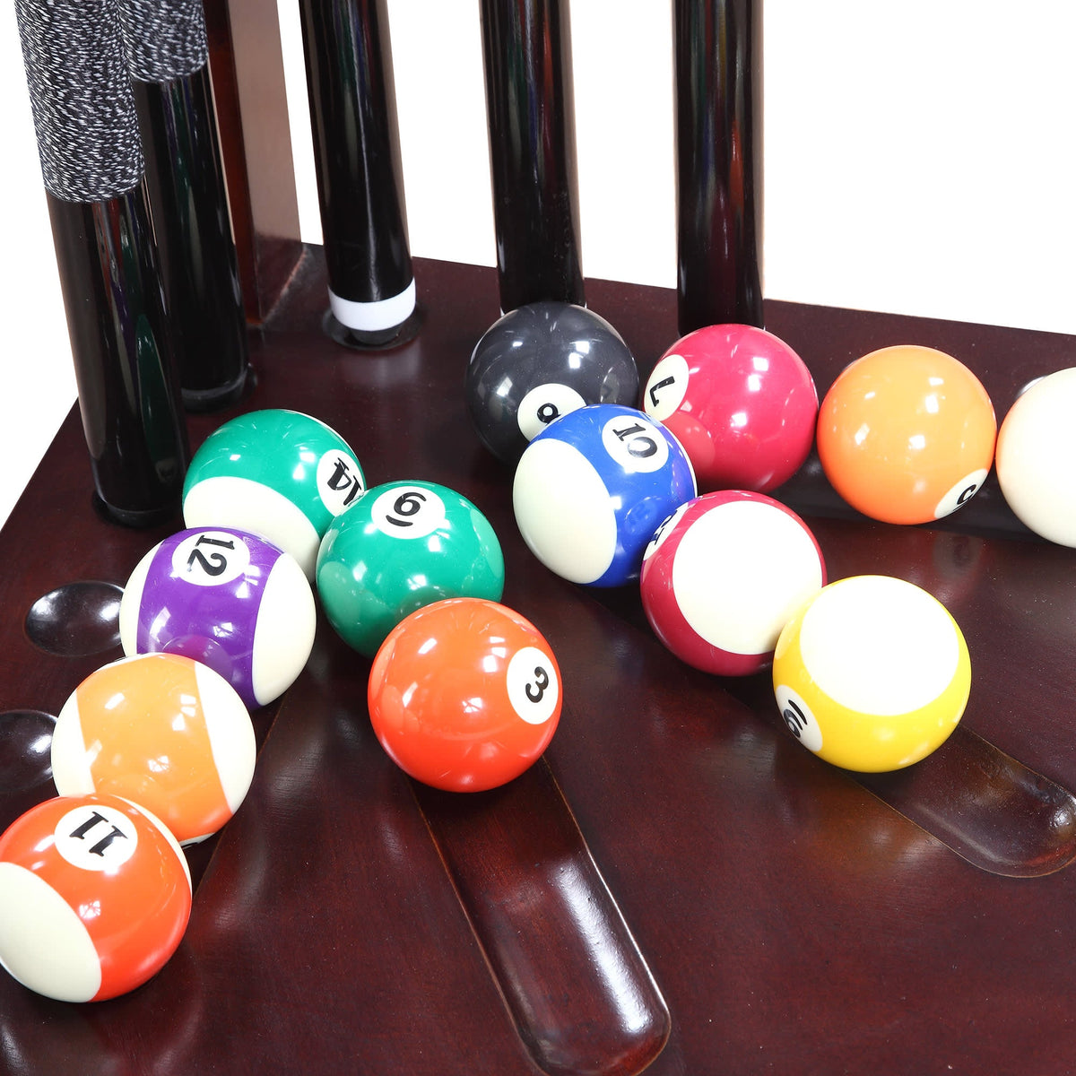 Hathaway Regent Corner Cue Rack - ball set resting on the lower shelf beneath the cue butts