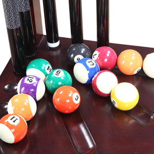 Hathaway Regent Corner Cue Rack - ball set resting on the lower shelf beneath the cue butts
