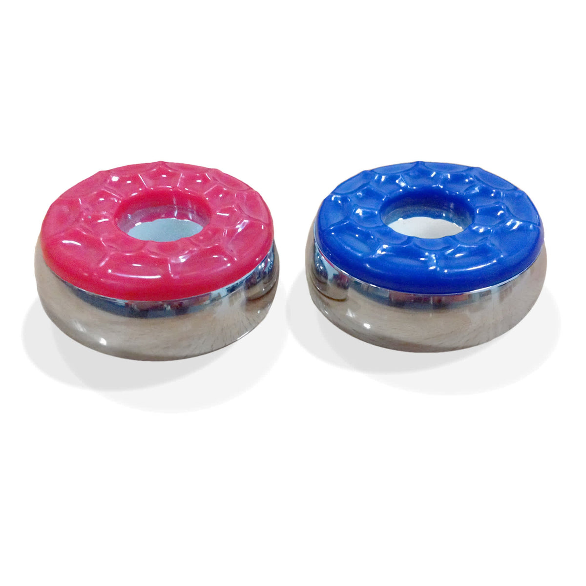 Hathaway Shuffleboard Pucks - two pucks side by side showing the dimpled caps and chrome bodies