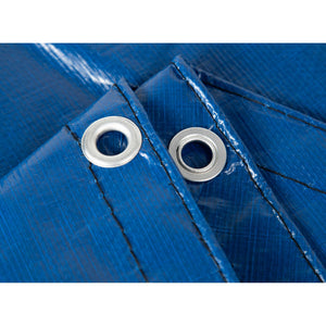 Arctic Armor 15-Year Above Ground Winter Cover - corner detail: twin grommets on blue laminated fabric