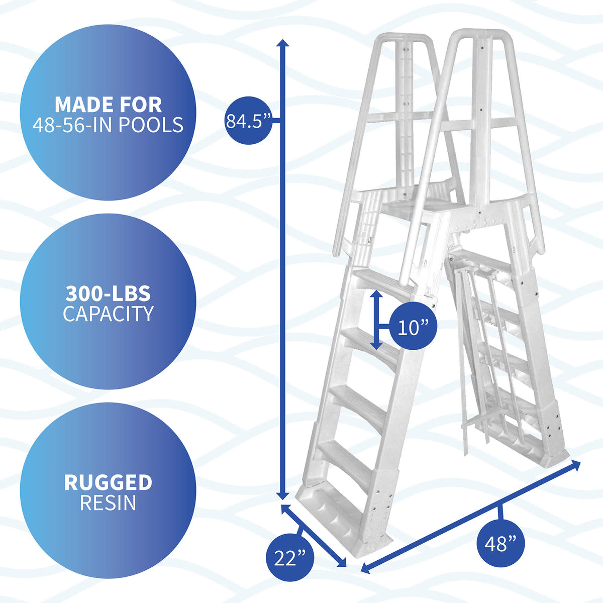 Blue Wave Premium A-Frame Ladder - 84.5 in high, 48 in deep, 22 in wide, 10 in rise; 48-56 in pools